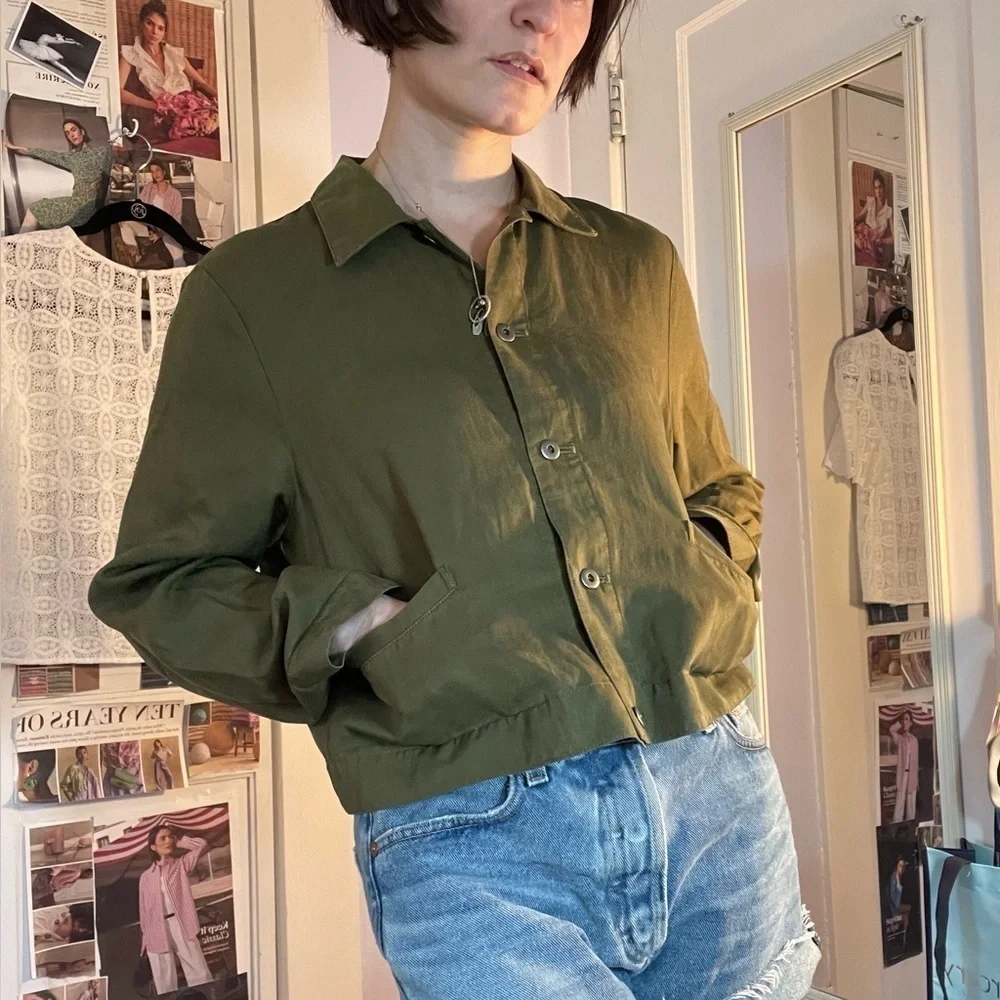 Eileen Fisher Button Front Shirt Crop Green Size SP - Picture 10 of 10